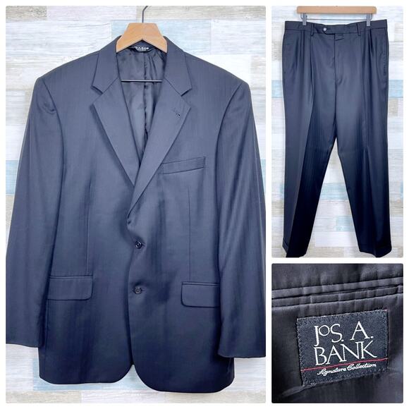 Jos A Bank Wool Suit Black Stripe Mens 42R Jacket 36x31.5 Pleated Cuffed Pants - Picture 1 of 15